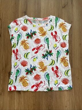 Boden White Short Sleeve Tee with Tropical Fruit & Lobster Print